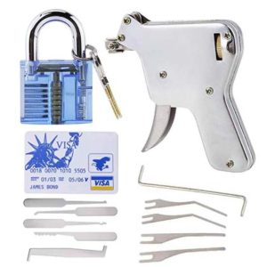 LOCK PICK GUN WITH CREDIT CARD LOCK PICK KIT AND TRANSPARENT PRACTICE PADLOCK
